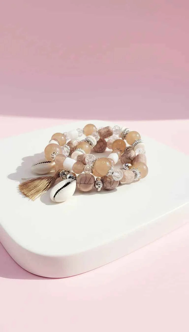 Shell & Tassel Charm Ceramic Beaded Bracelet Set
