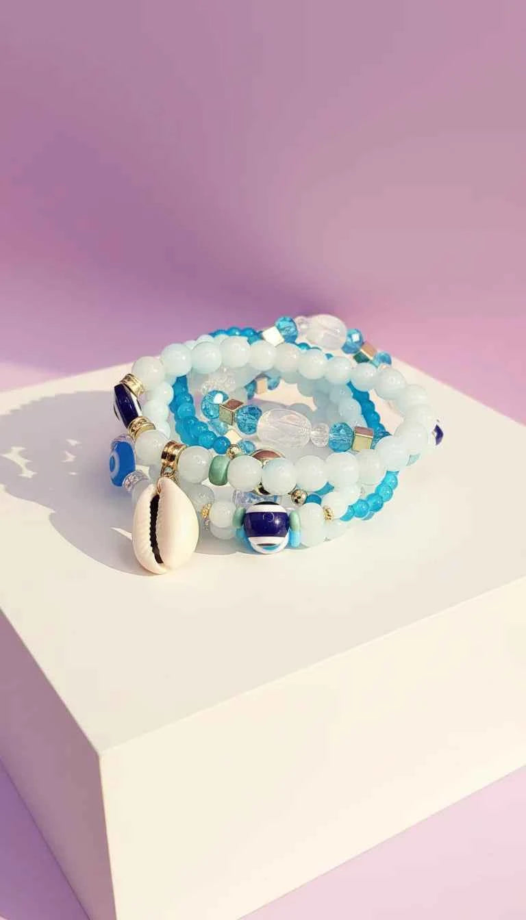 Shell Charm Ceramic Beaded Bracelet Set