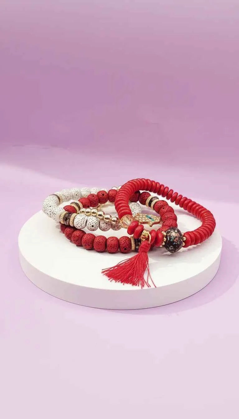 Tassel & Hamsa Charm Ceramic Beaded Bracelet Set