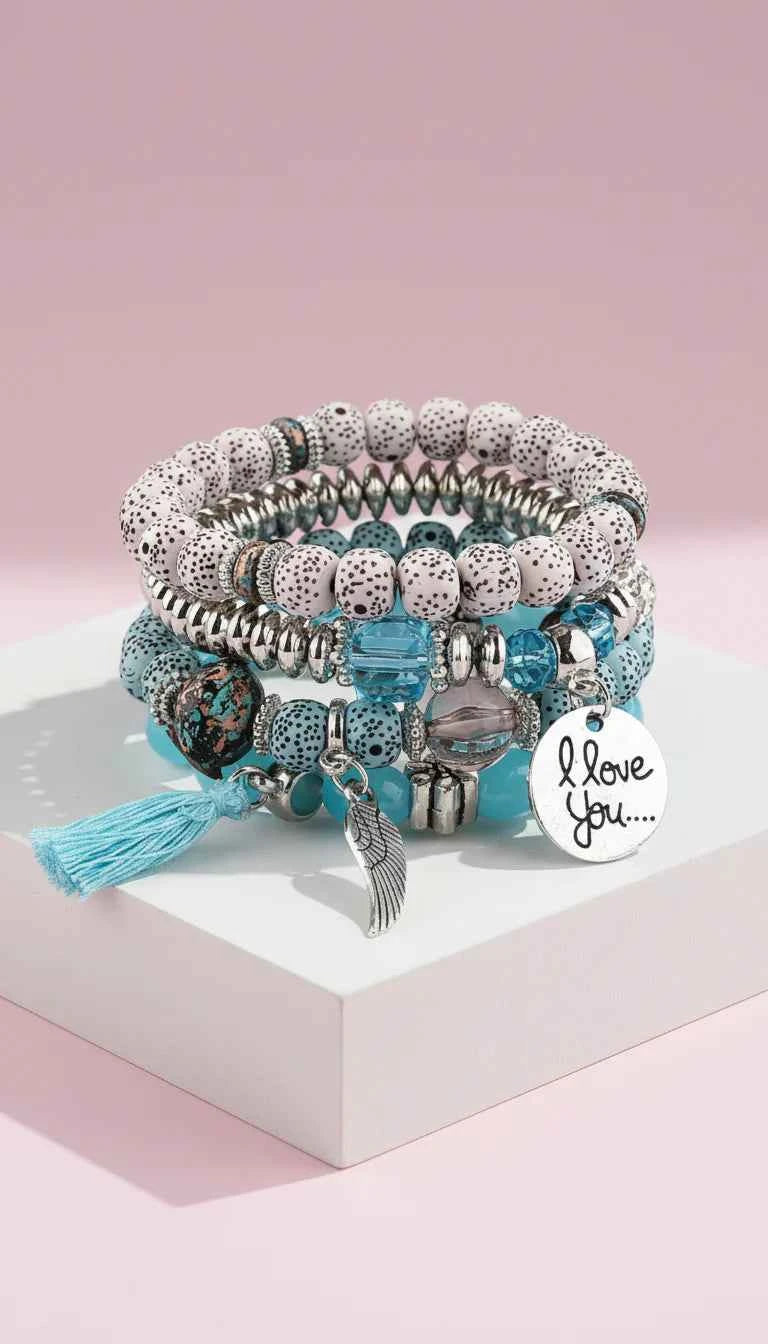 Wings & Tassel Ceramic Charm Beaded Bracelet Set