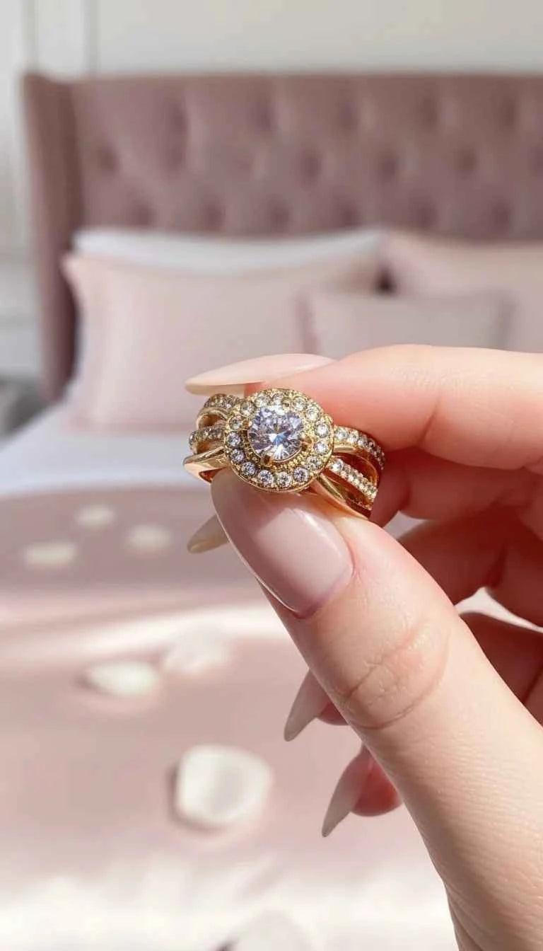 Box Set Of 12 Gold Round Cut Crystal Rings