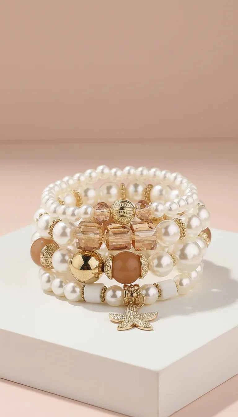 Starfish Gold Charm Ceramic Beaded Bracelet Set