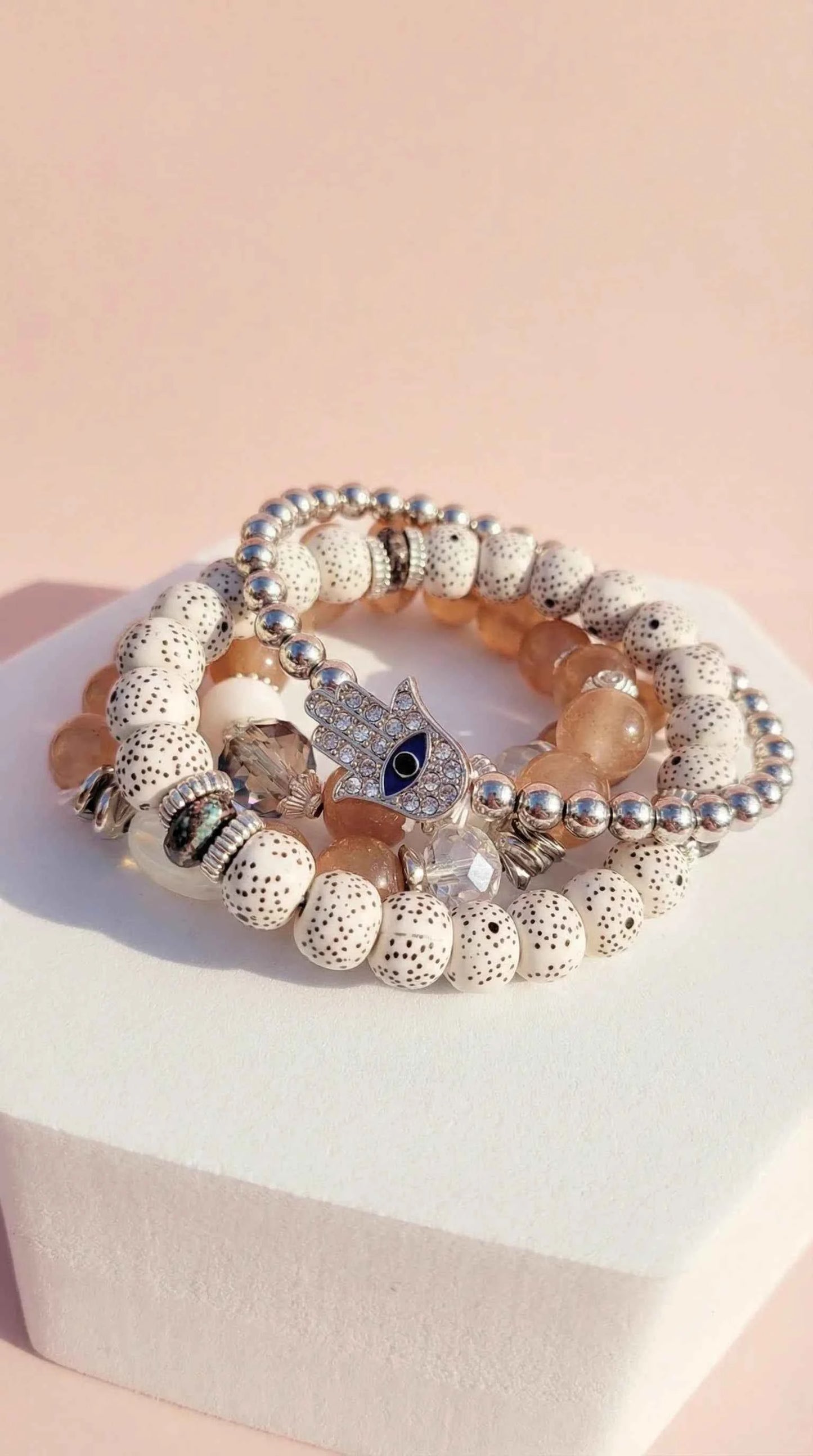 Hamsa Charm Ceramic Beaded Bracelet Set