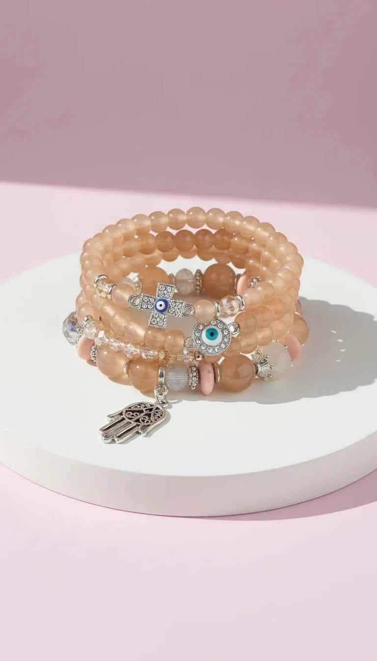 Evil Eye & Hamsa Silver Charm Ceramic Beaded Bracelet Set