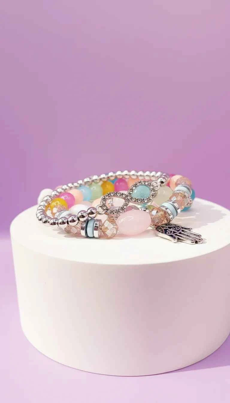 Bow & Hamsa Silver Charm Ceramic Beaded Bracelet Set