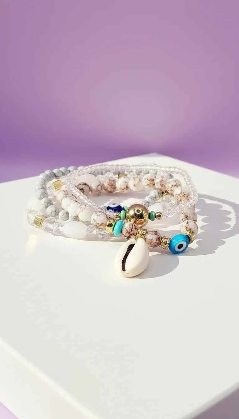 Shell Charm Ceramic Beaded Bracelet Set
