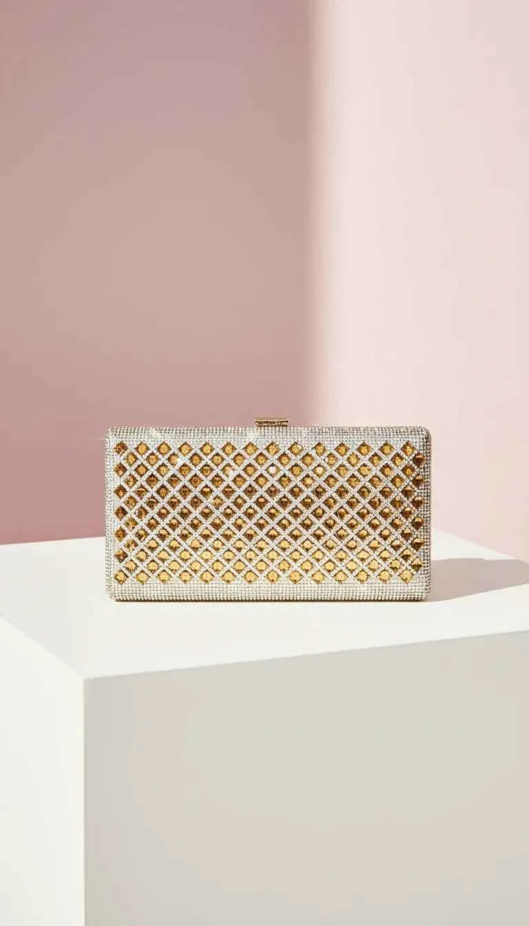 Gold Mirrored Box Crystal Clutch Bag
