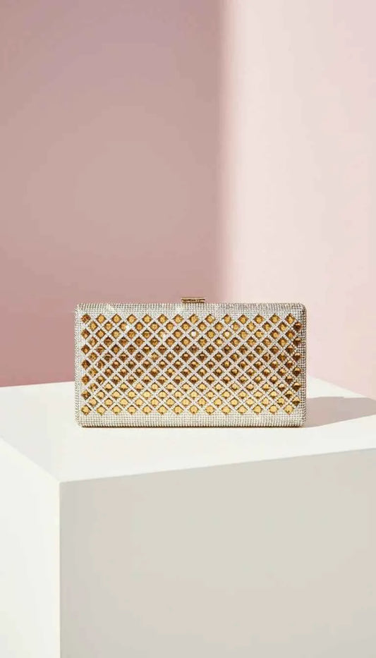 Gold Mirrored Box Crystal Clutch Bag