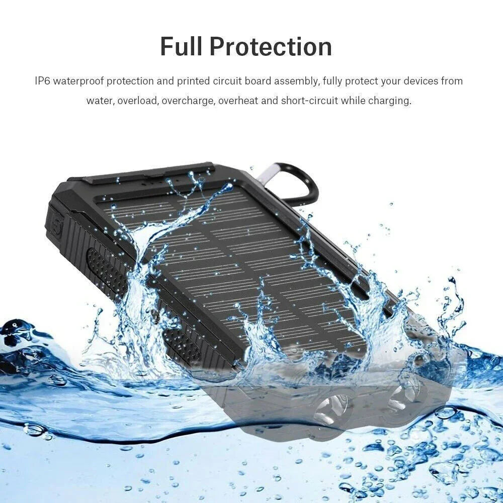 Rugged waterproof solar power bank with dual LED lights splashed by water