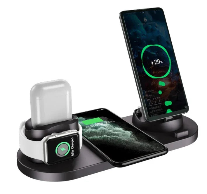 Wireless charging station with smartphone, smartwatch, and earbuds charging