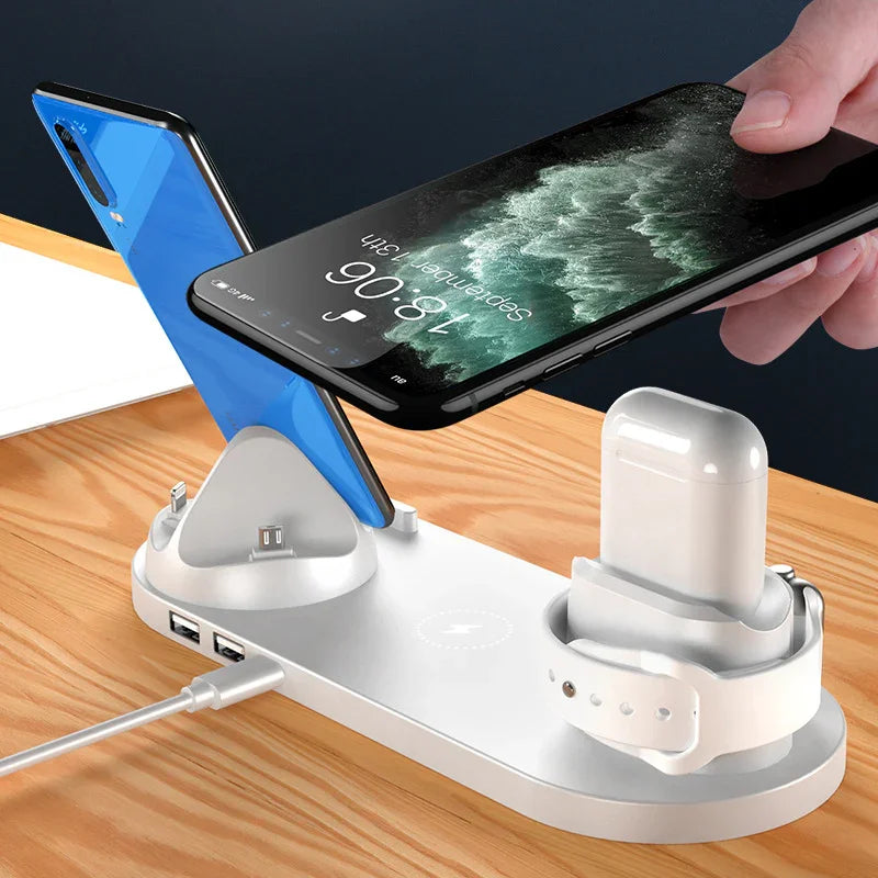 Multi-device charging station for smartphones, wireless earbuds, and smartwatch on wood desk