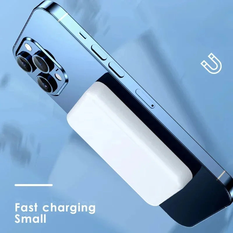Magnetic fast charging power bank attached to smartphone, compact design, blue background