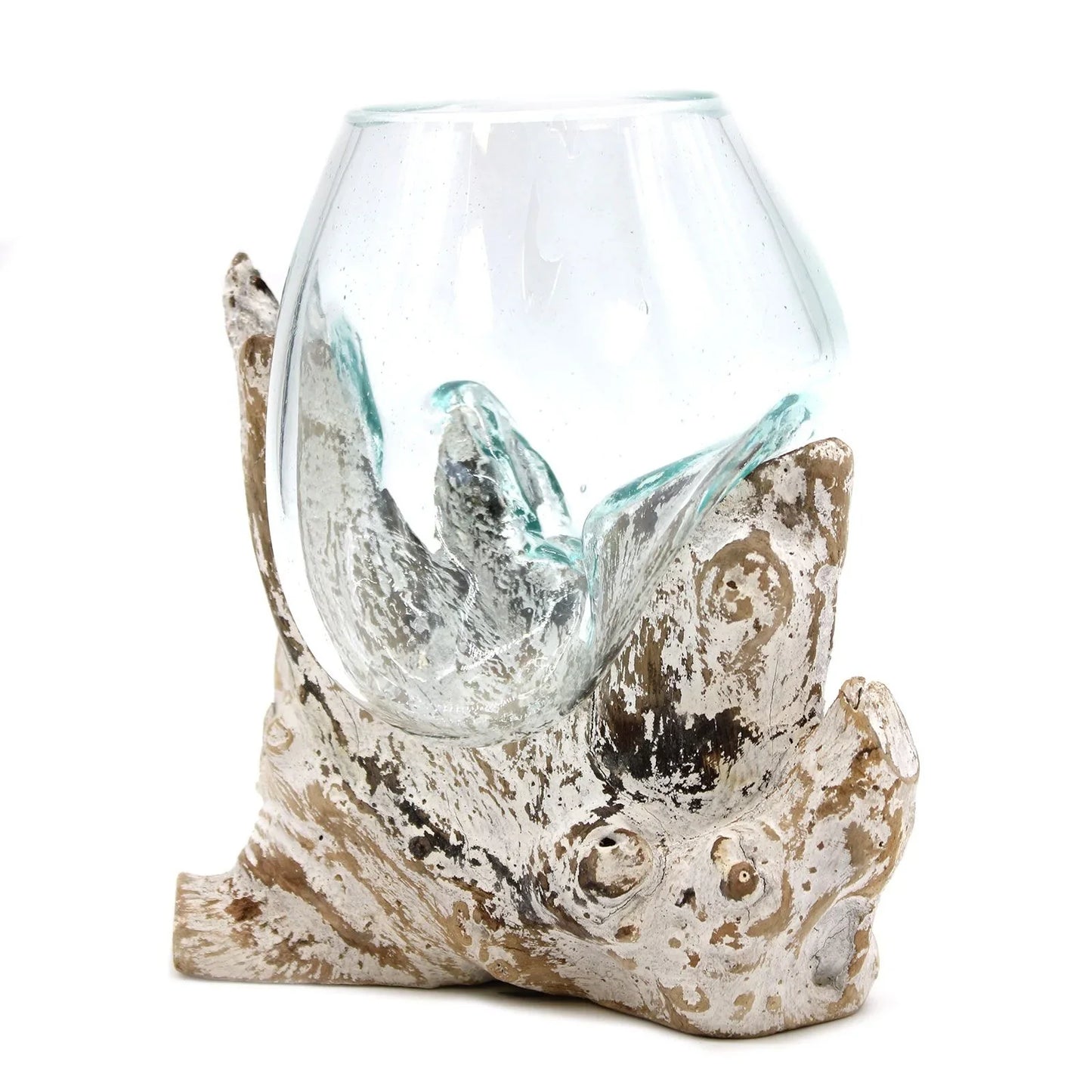 Handcrafted glass vase mounted on natural driftwood, rustic home decor accent piece