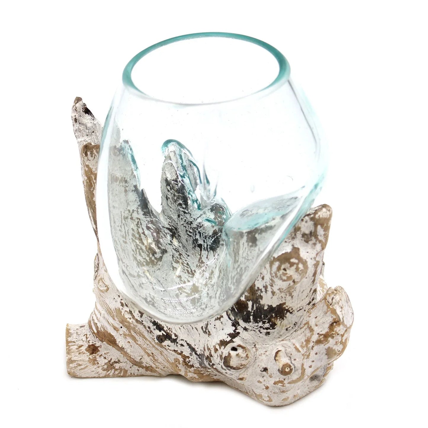 Handcrafted glass vase on rustic driftwood base, unique home decor accessory
