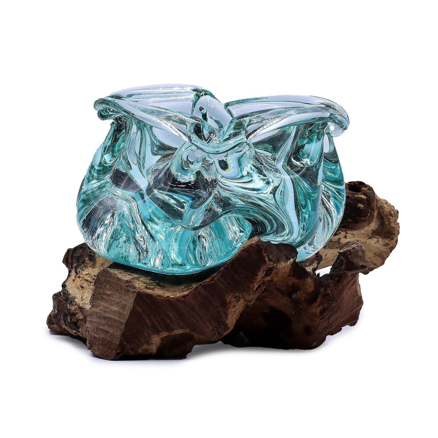Handcrafted molten glass vase on reclaimed wood base, home decor centerpiece