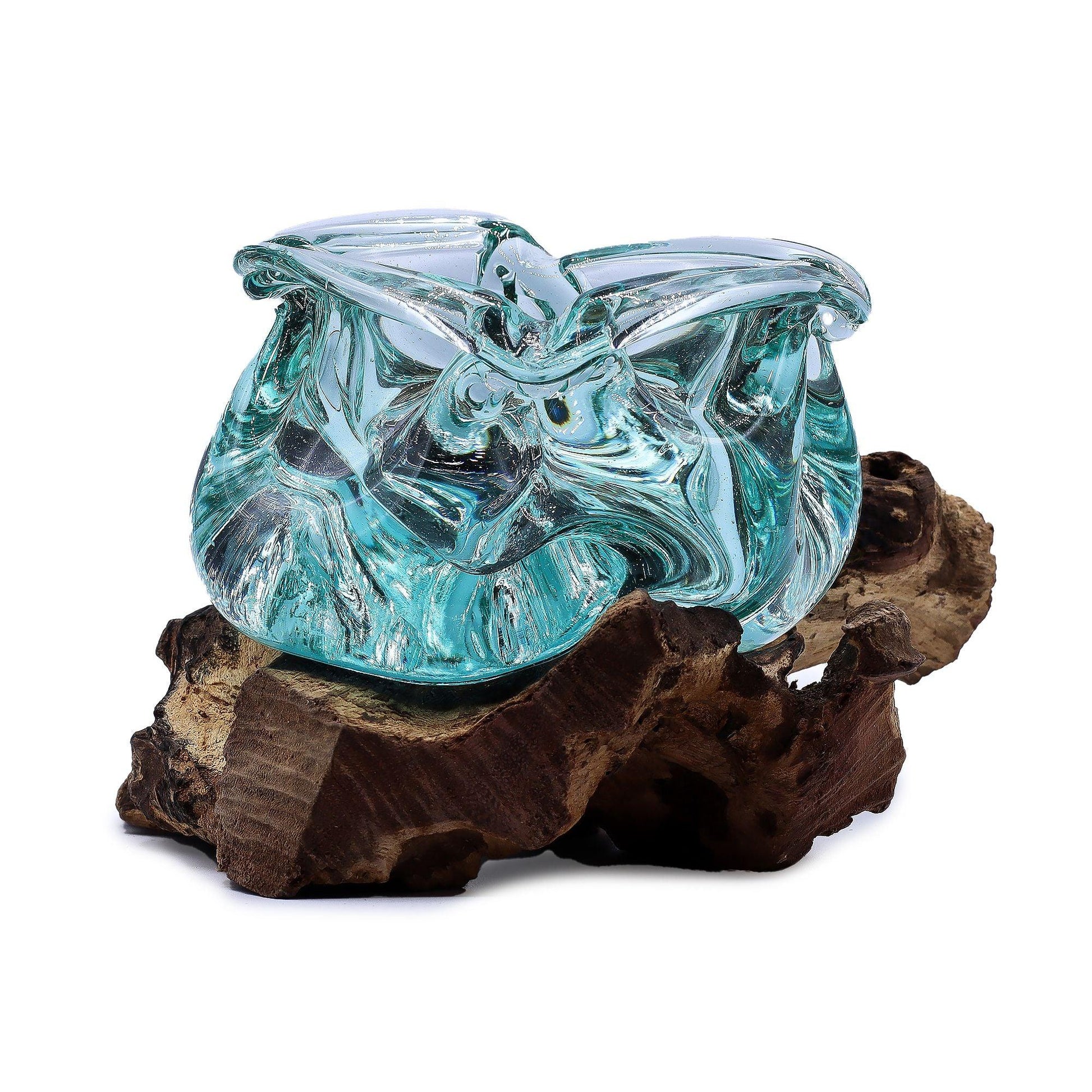 Handcrafted molten glass vase on reclaimed wood base, home decor centerpiece