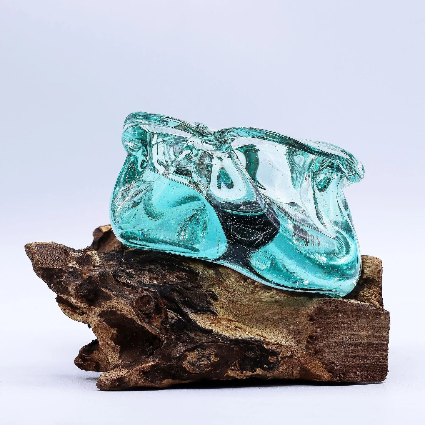 Hand-blown turquoise glass vase on natural driftwood base, home decor accent