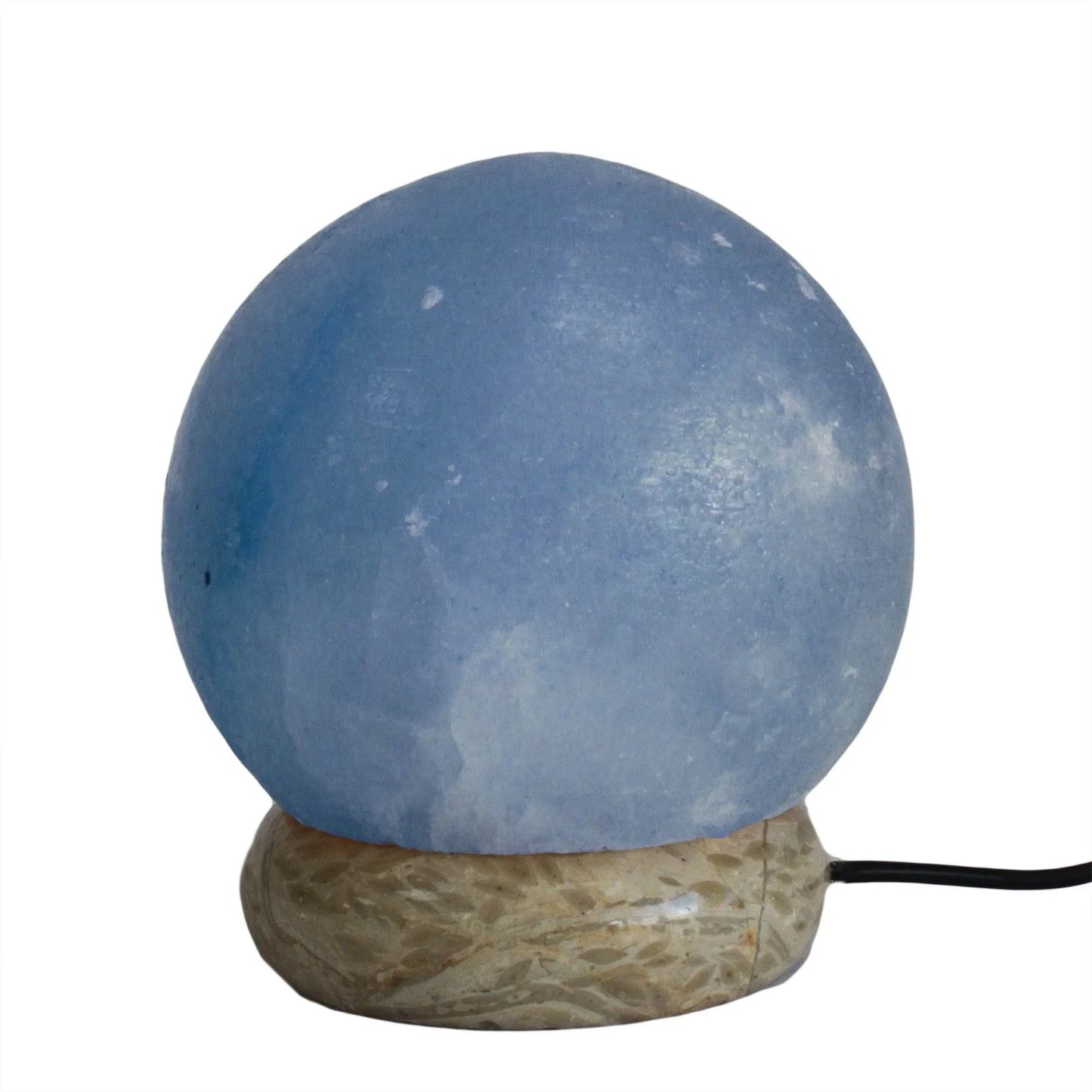 Blue spherical salt lamp with marble base for home decor and ambient lighting