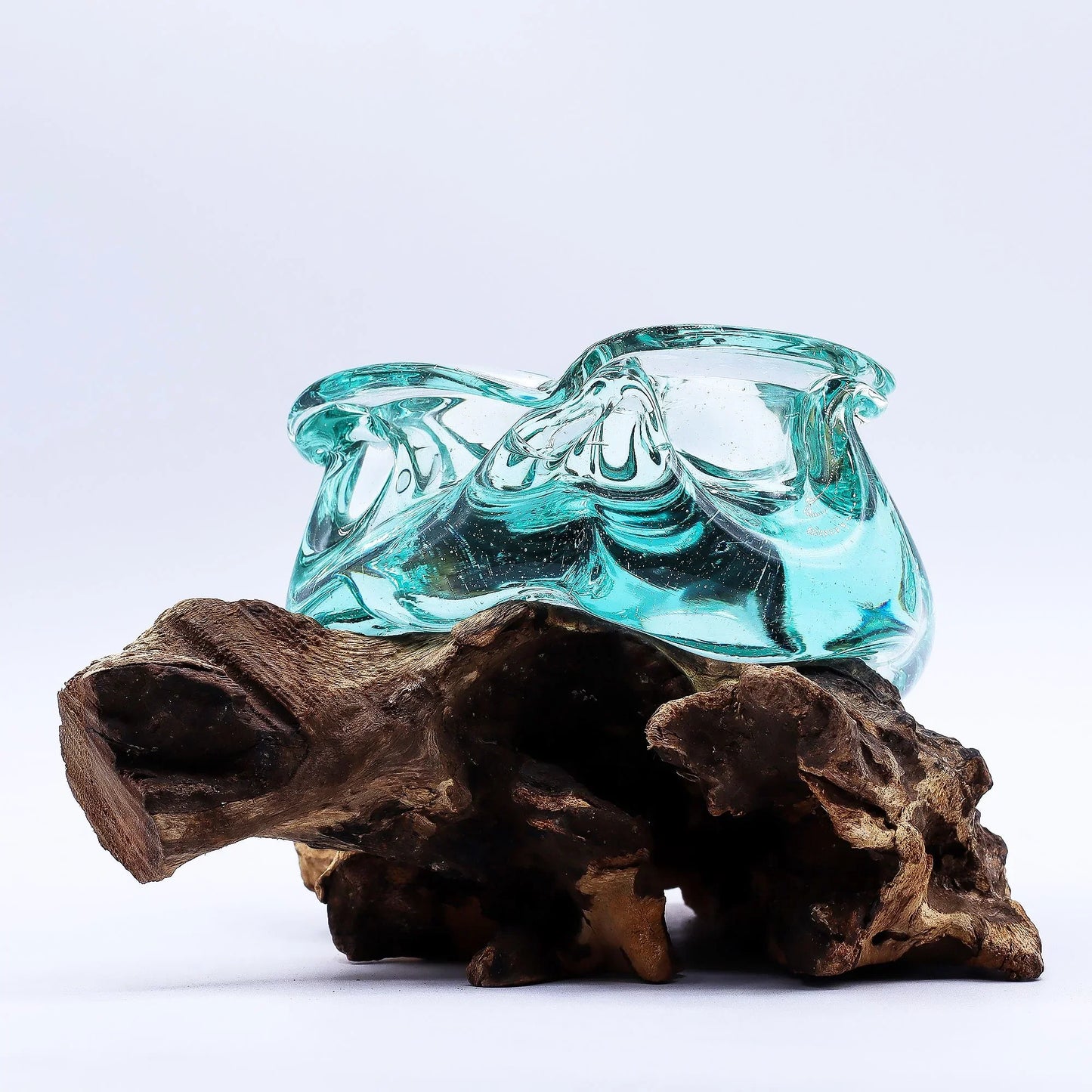 Handcrafted molten glass bowl on natural driftwood base, home decor accent
