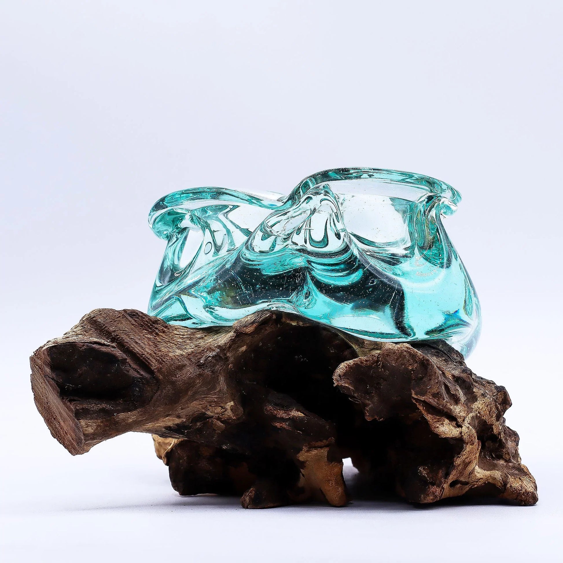 Handcrafted molten glass bowl on natural driftwood base, home decor accent