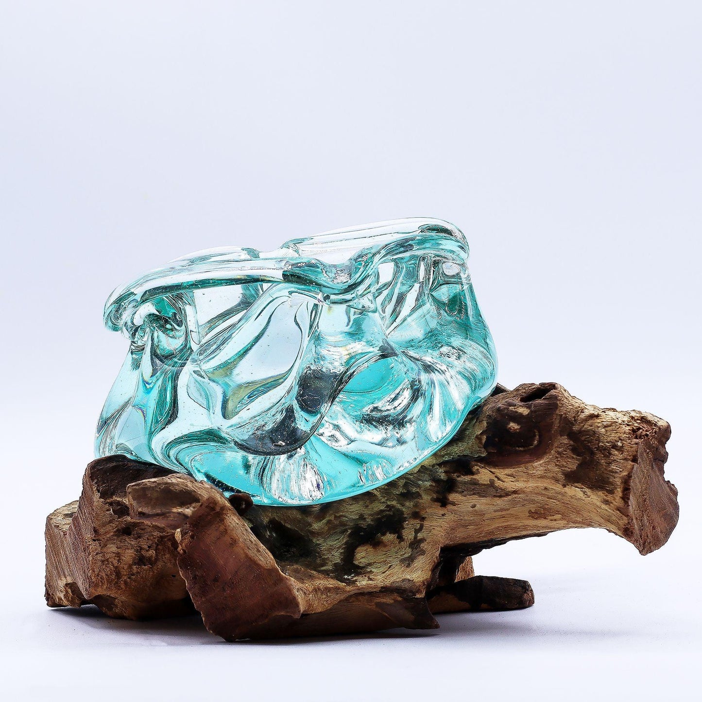 Handcrafted molten glass vase on natural driftwood base, home decor centerpiece