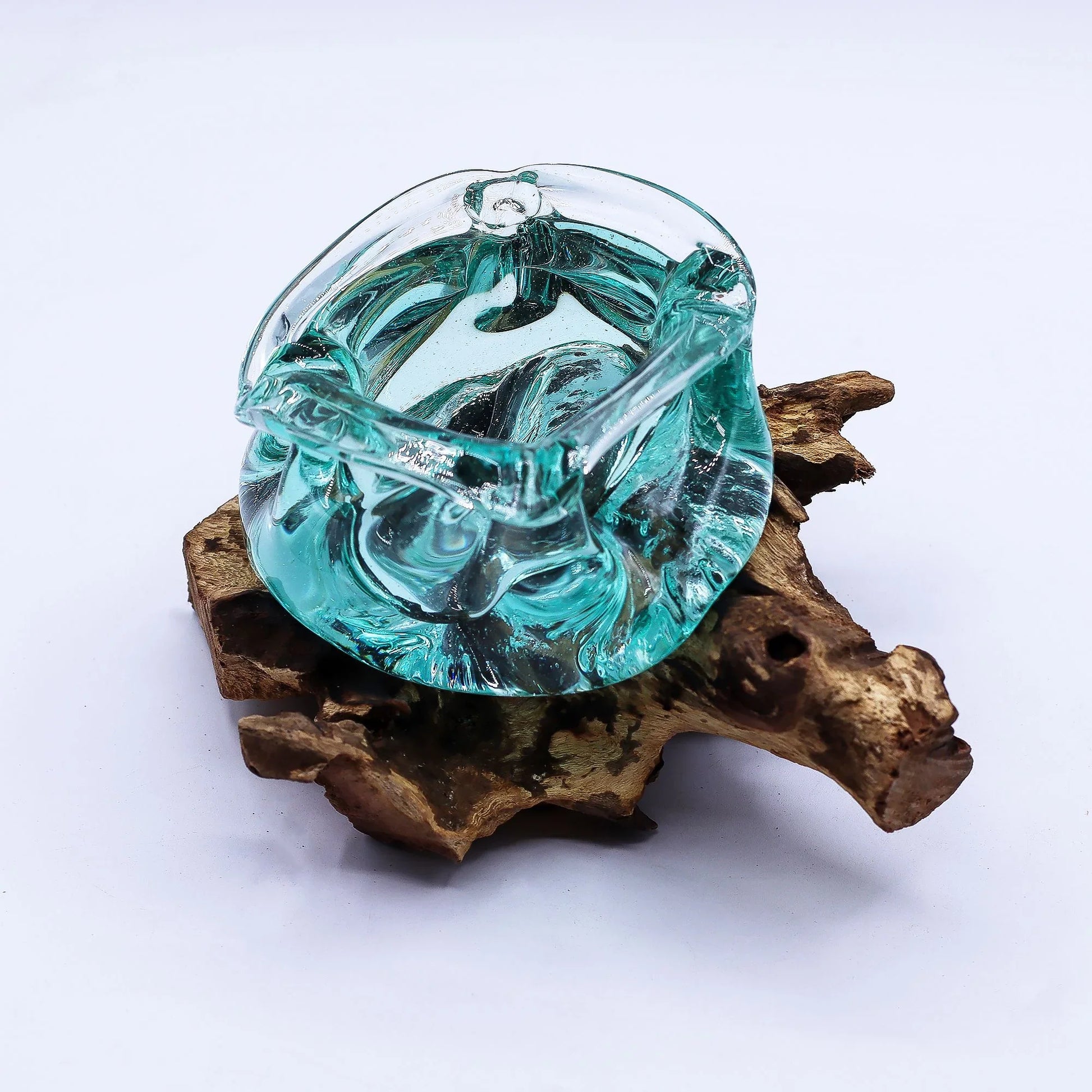 Handmade molten glass bowl on rustic wood base, home decor centerpiece