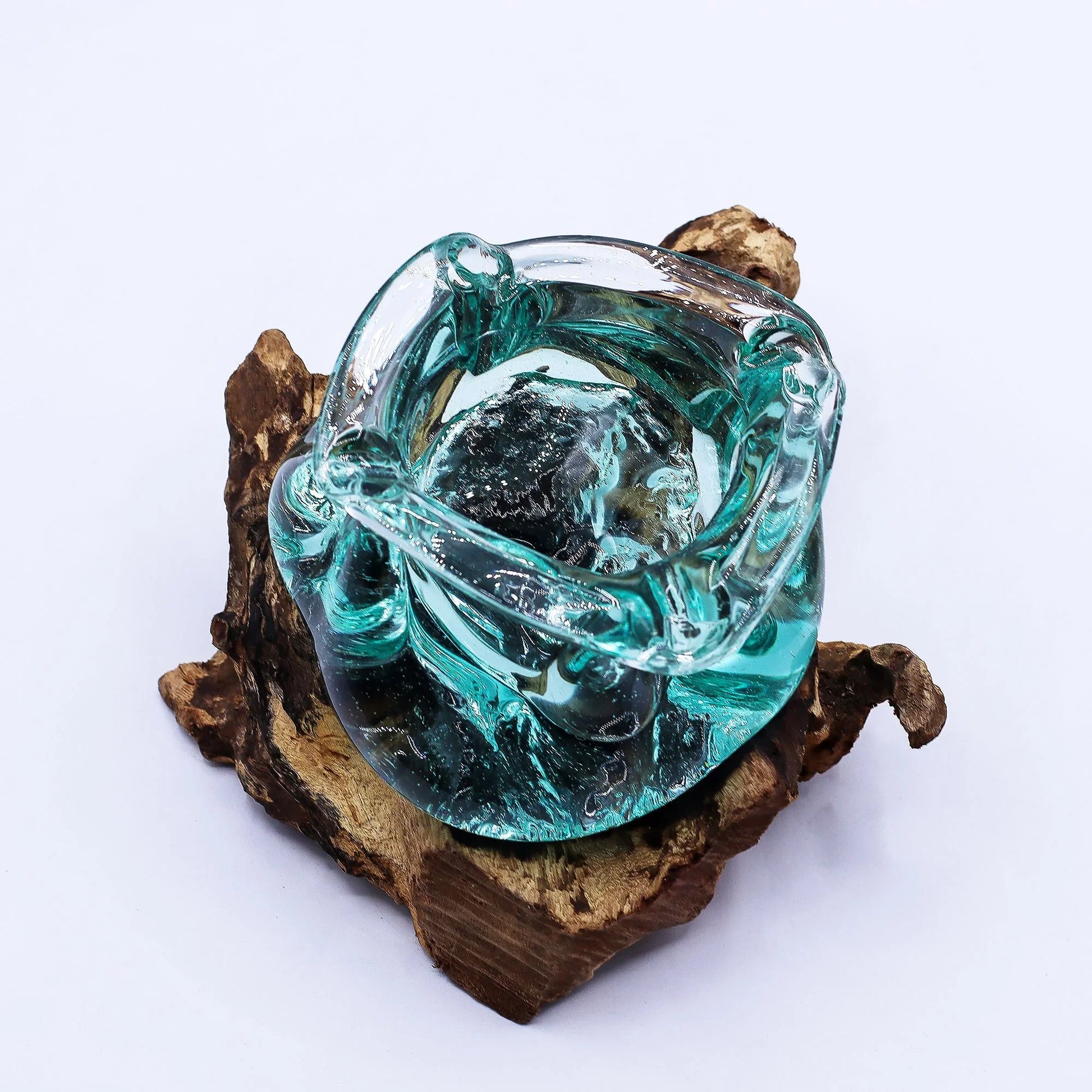 Handcrafted molten glass bowl on natural wood base, home decor accent piece