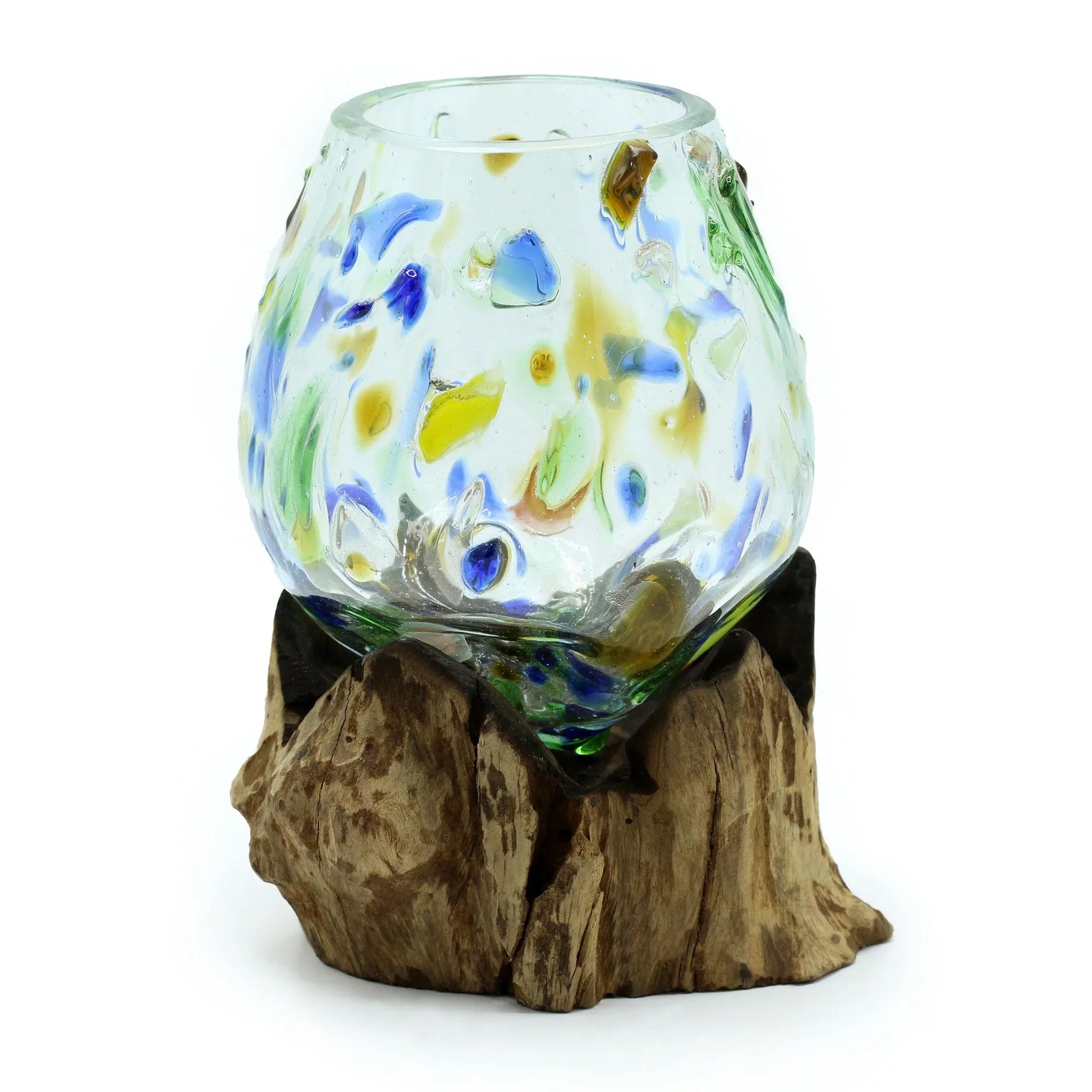 Handcrafted glass vase with colorful accents mounted on natural wood base, home decor