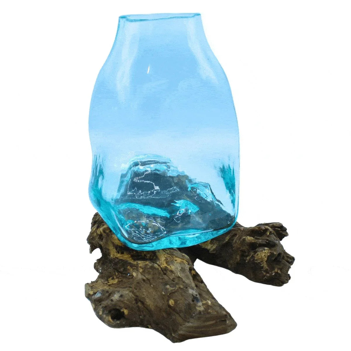 Handcrafted blue glass vase on natural driftwood base, home decor accent