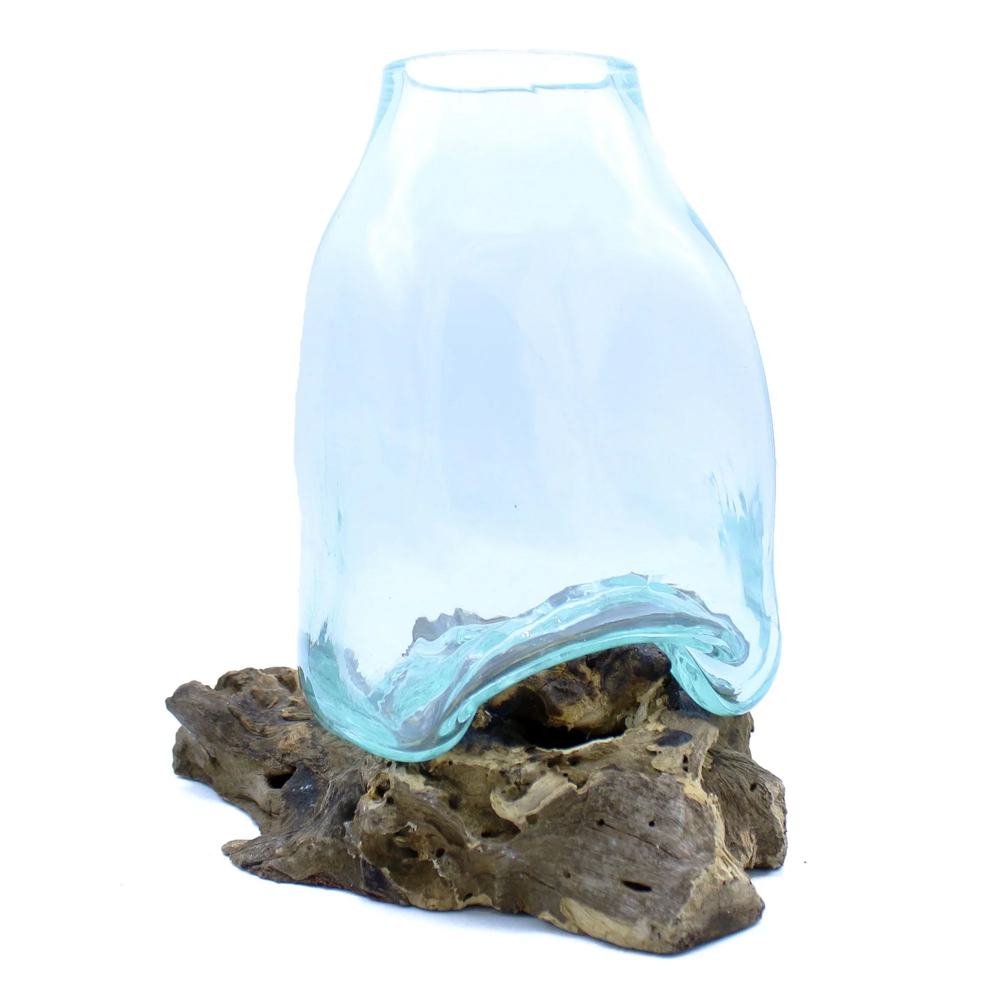 Handcrafted blown glass vase on natural driftwood base, home decor accessory