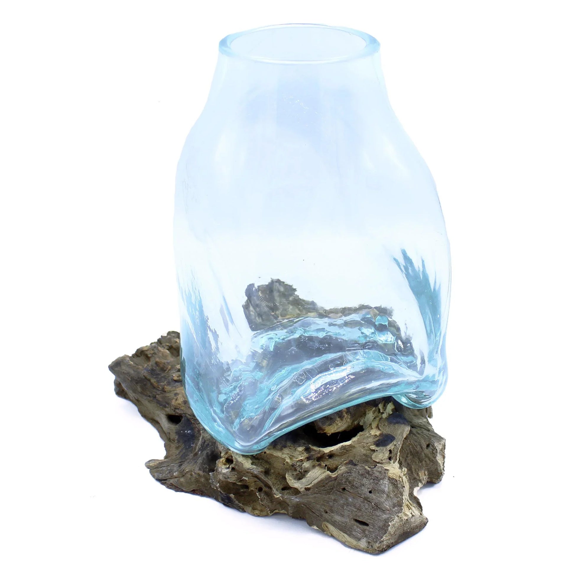 Handblown glass vase on natural driftwood, rustic home decor