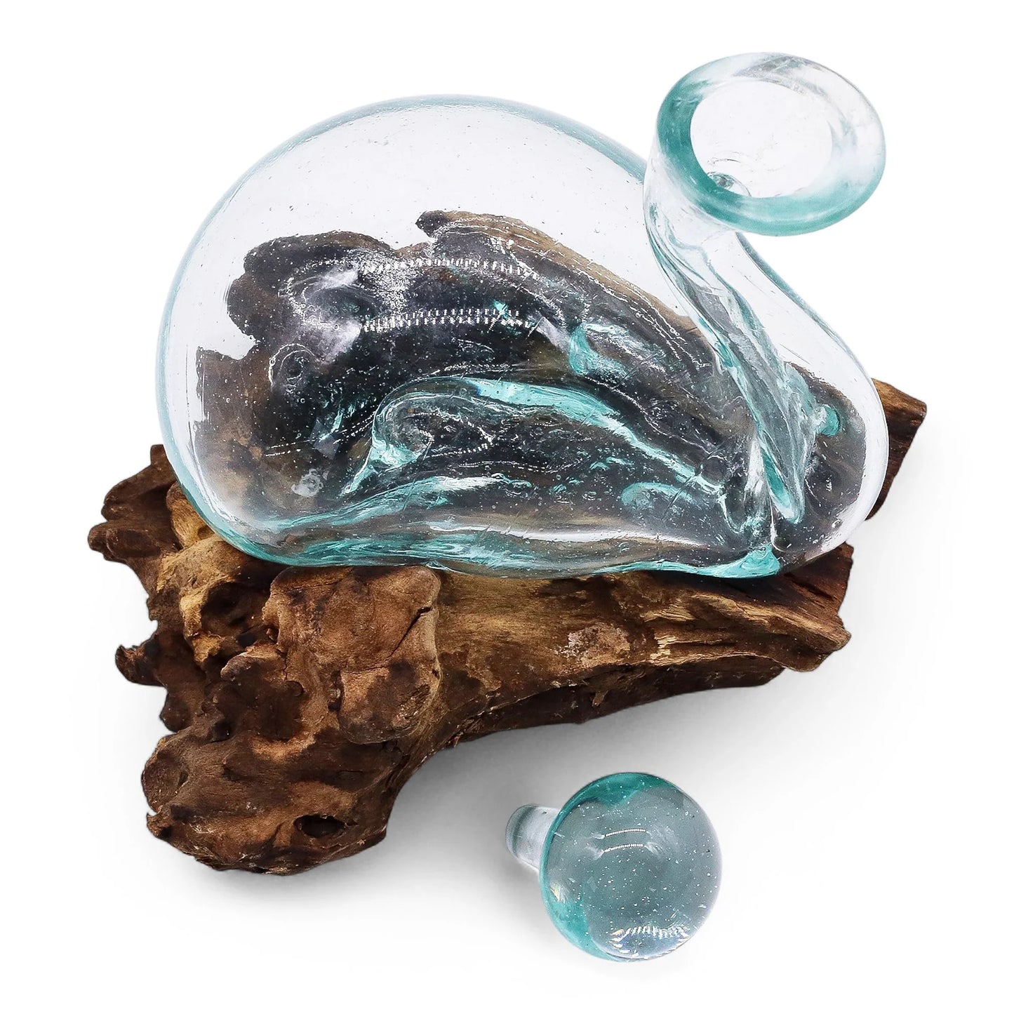 Hand-blown glass bowl with curved spout on rustic driftwood base, decorative home accent