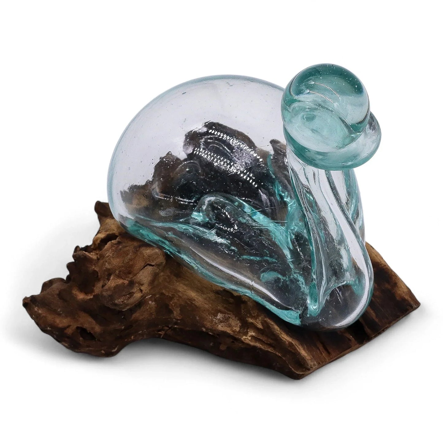 Handcrafted blown glass vase with wood base, decorative home accent on white background