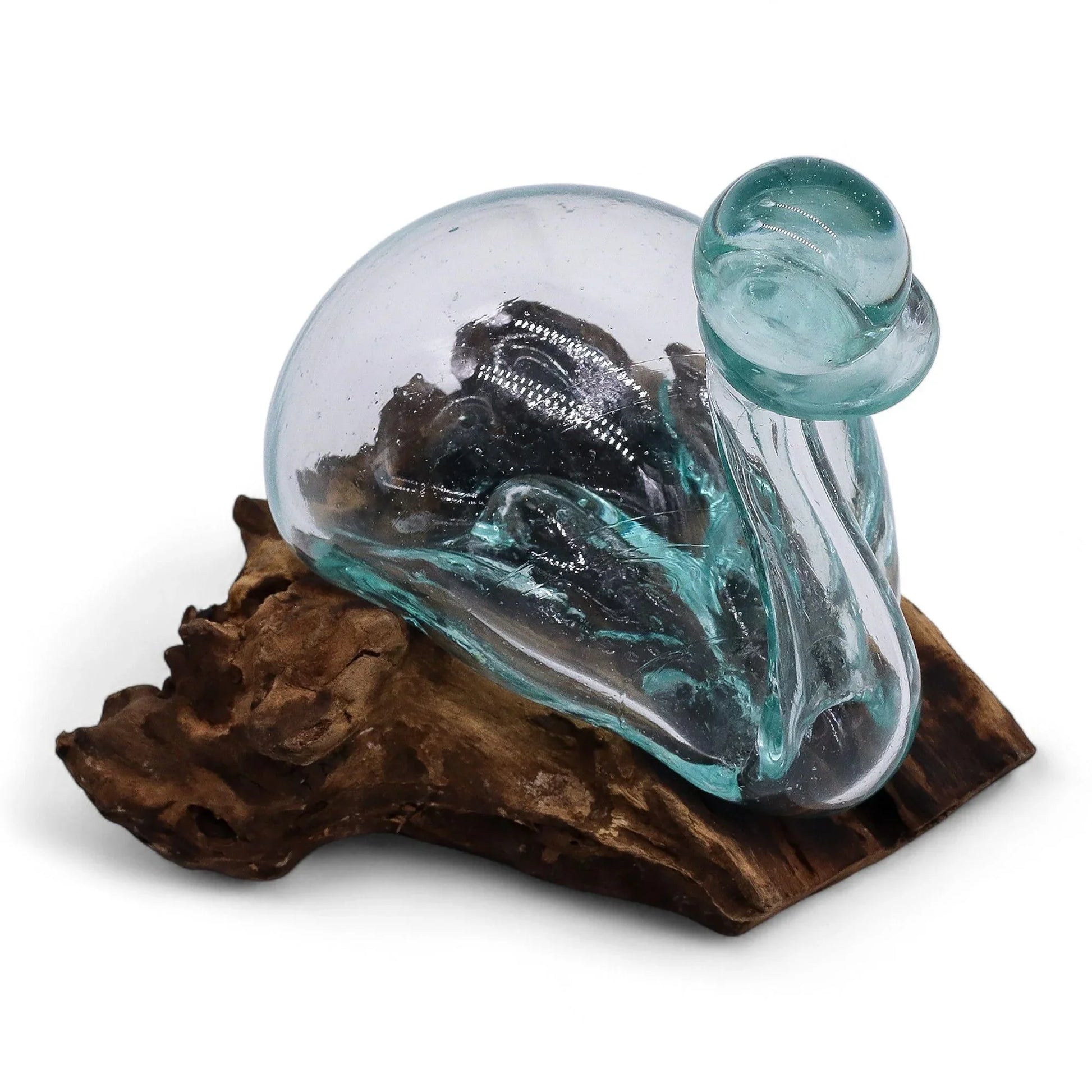 Handcrafted blown glass vase with wood base, decorative home accent on white background