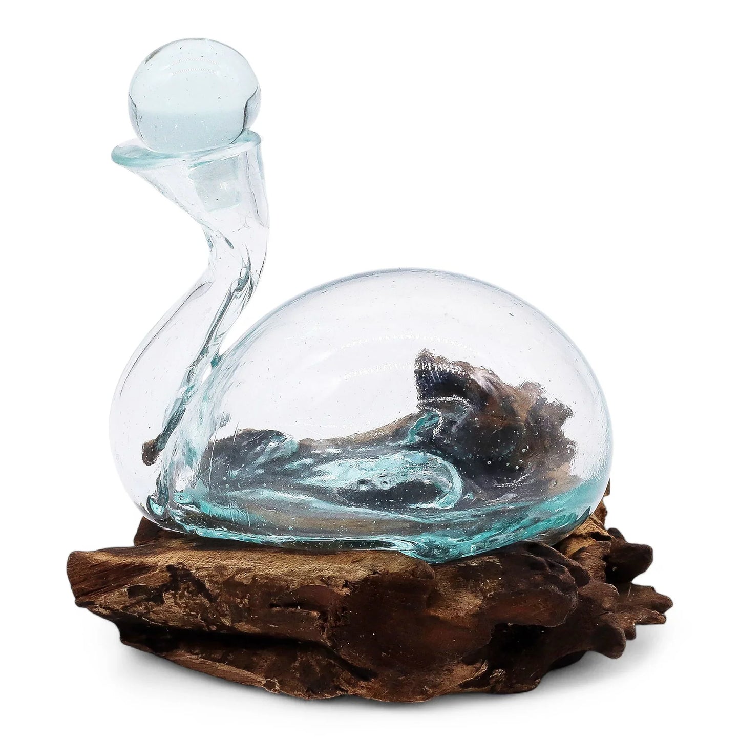 Handcrafted clear glass sculpture on driftwood base, modern home decor accent