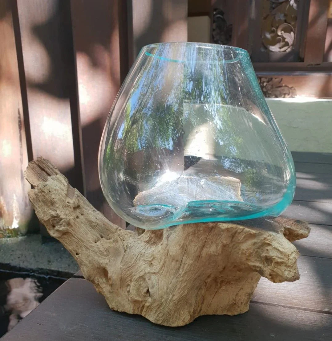 Handcrafted glass vase on natural driftwood base, home decor centerpiece