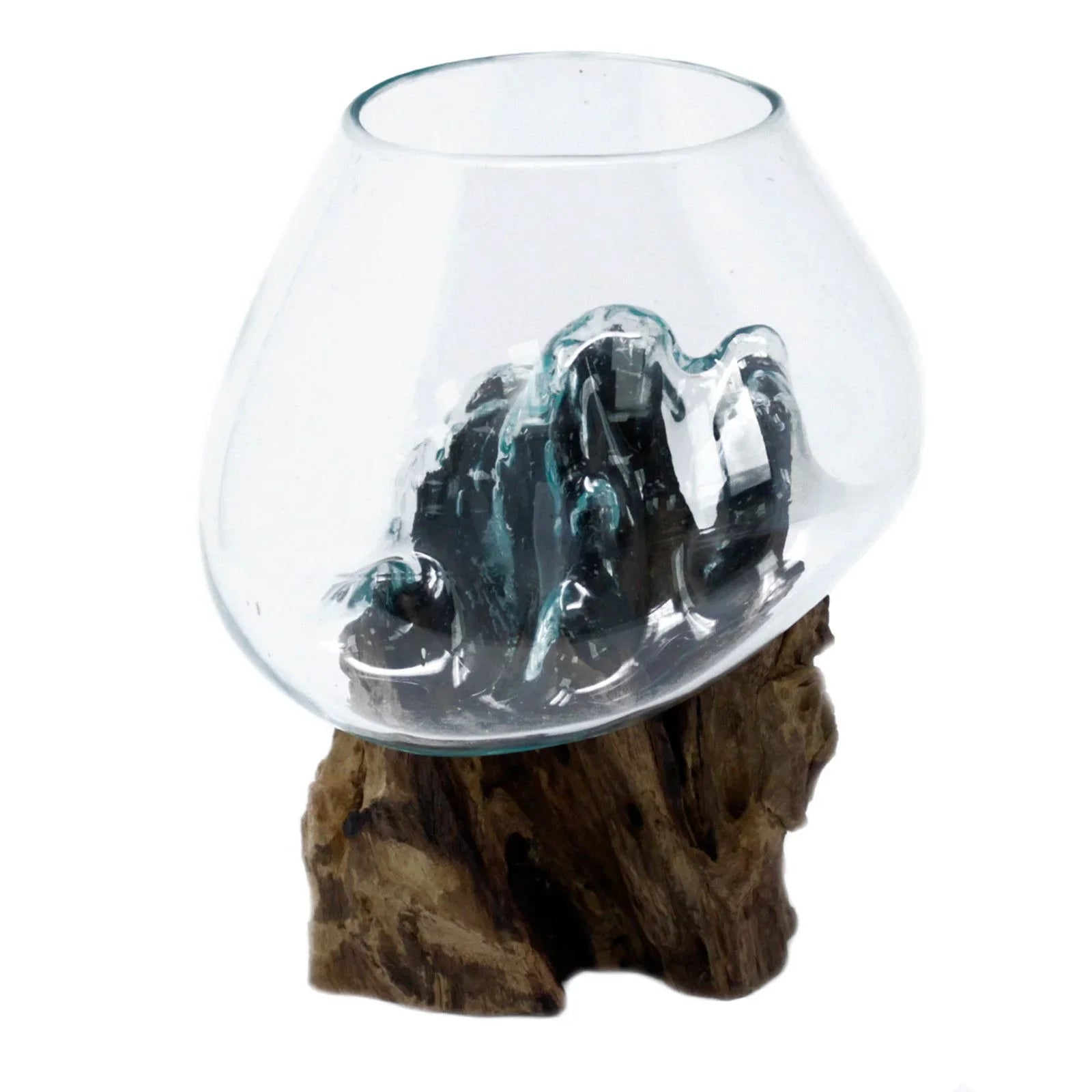 Handcrafted glass vase melted over natural driftwood base, unique home decor accent