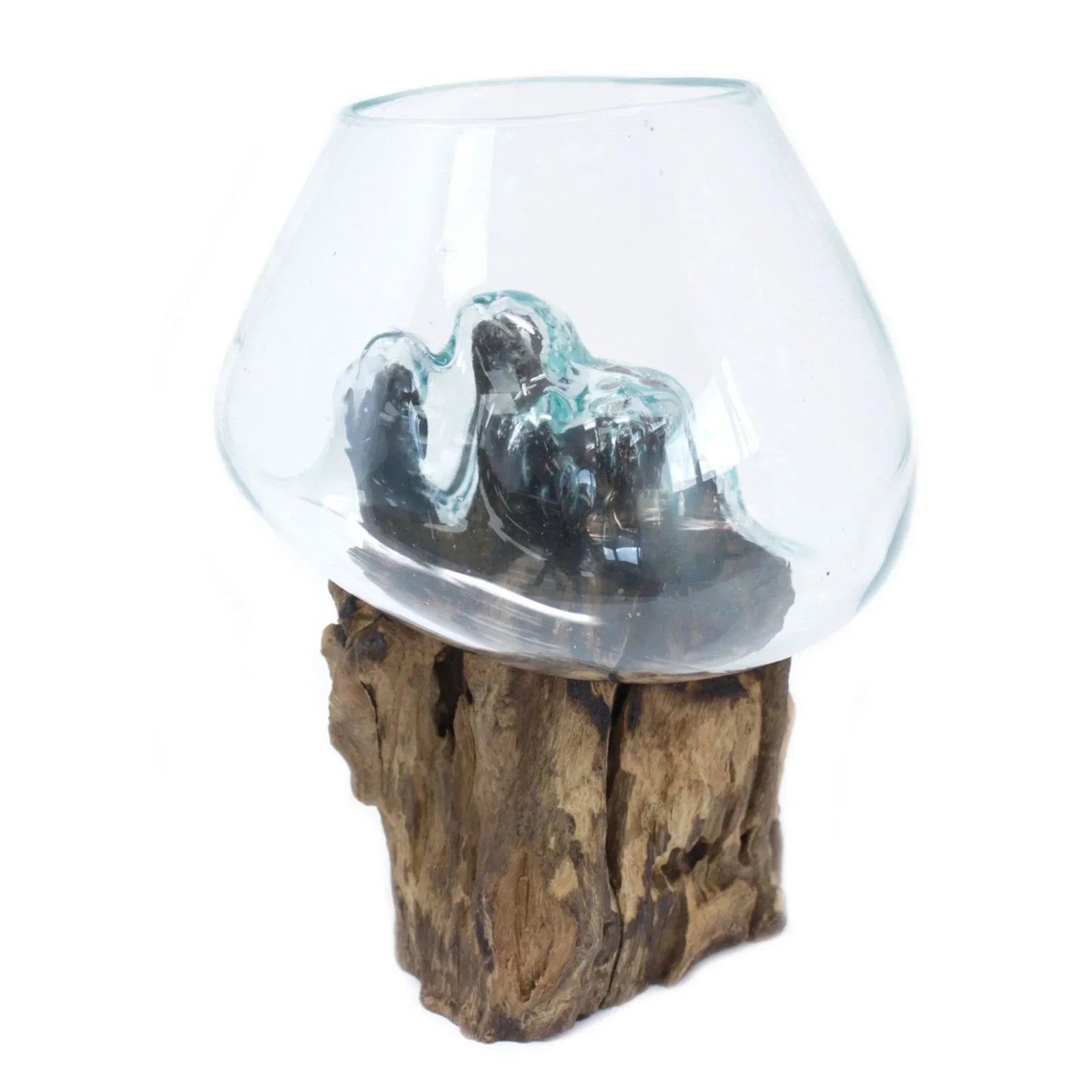 Handcrafted glass vase with organic driftwood base, home decor accessory