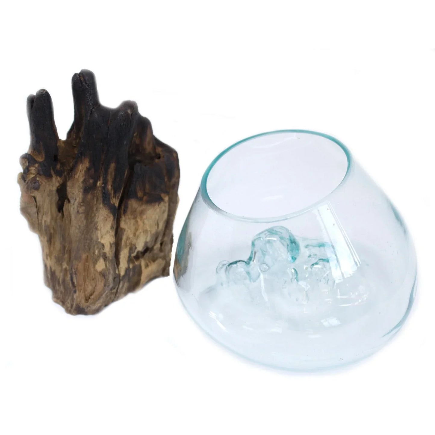 Handcrafted driftwood base with clear blown glass bowl, rustic home decor accent