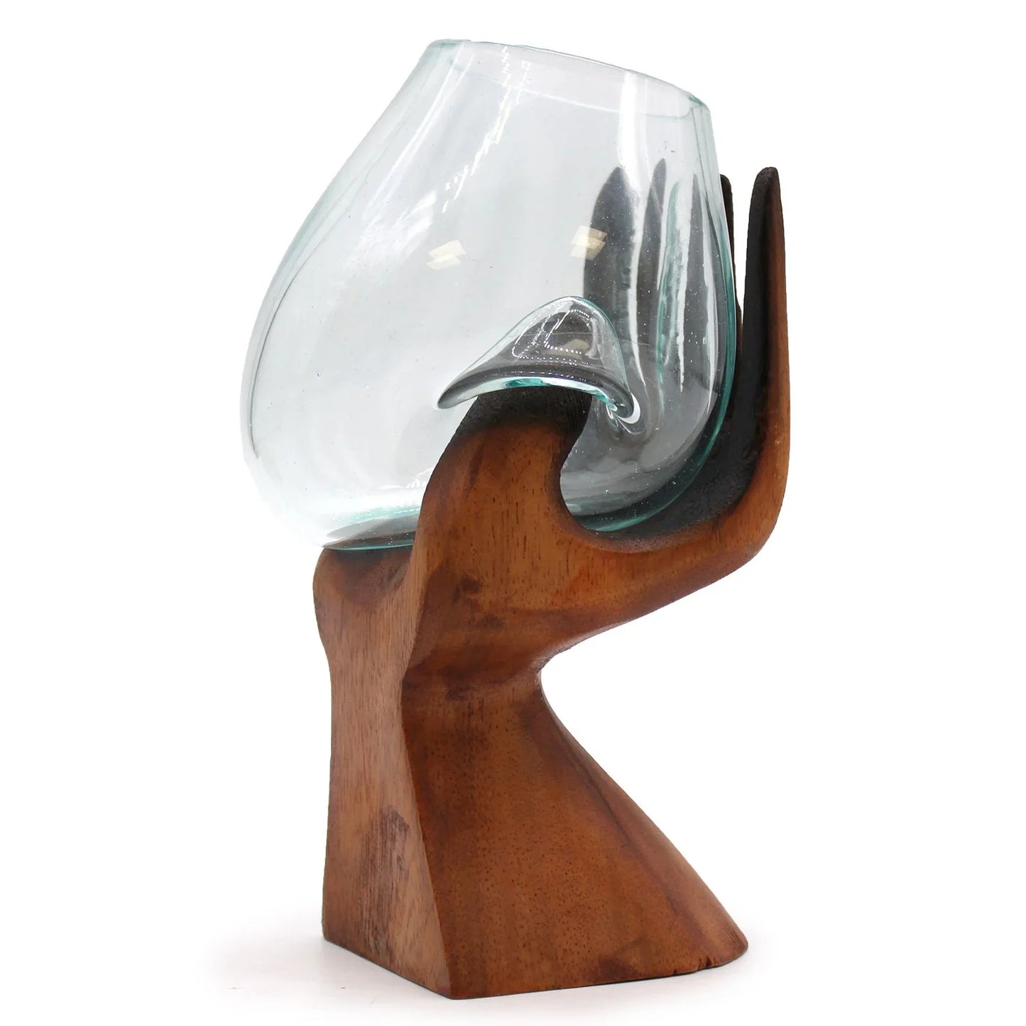 Hand-shaped wooden base holding curved glass vase, modern home decor accessory