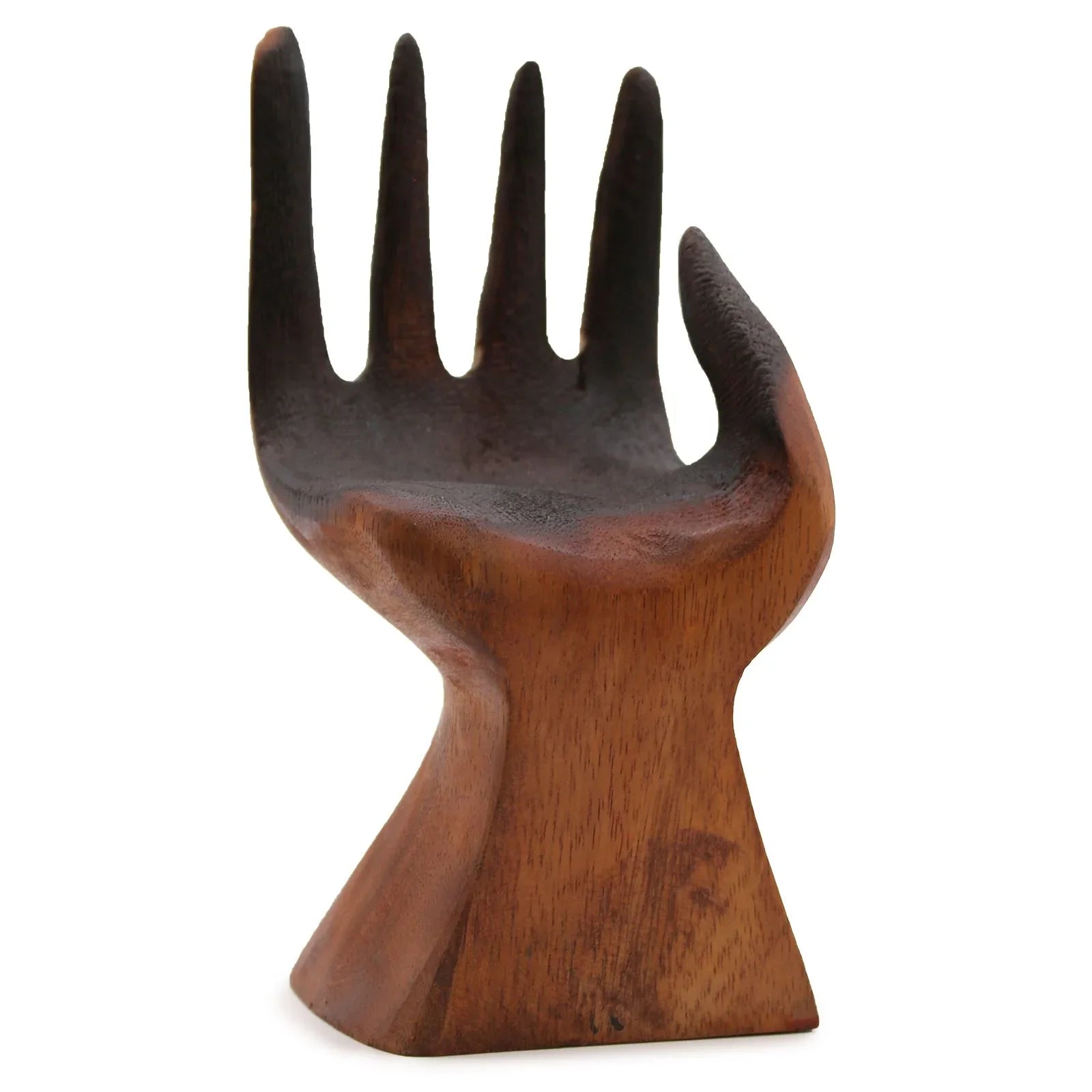 Wooden hand-shaped sculpture, home decor accessory, natural finish, isolated on white background