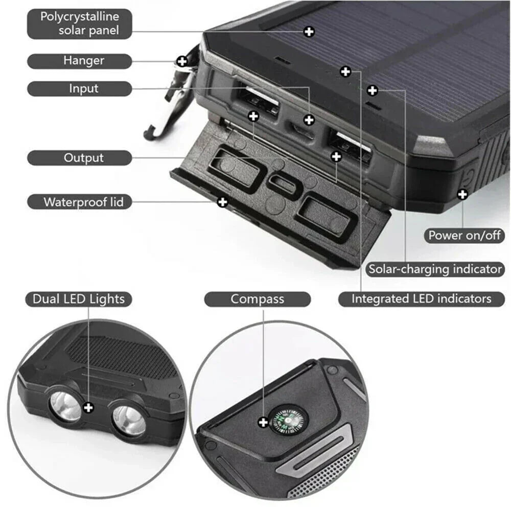 Multi-function solar power bank with polycrystalline solar panel, USB ports, LED lights, and compass.
