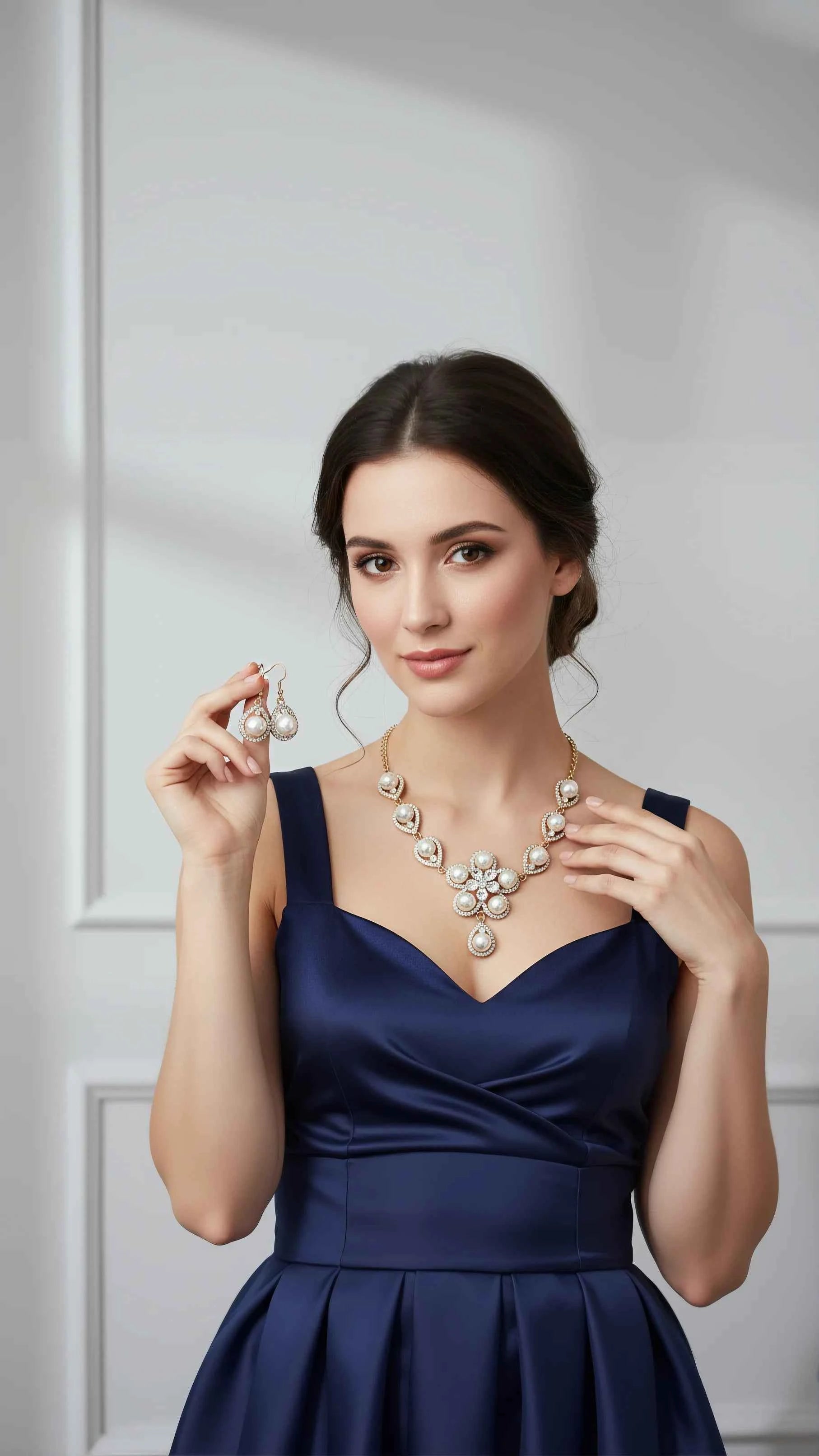Pearl Crystal Flower Necklace & Earrings Set