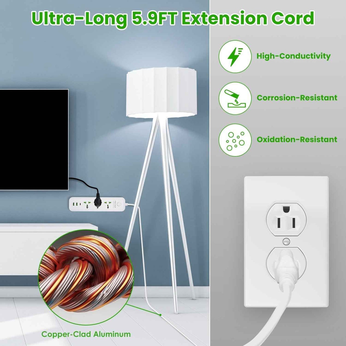 Power Strip with USB & Extension Cord