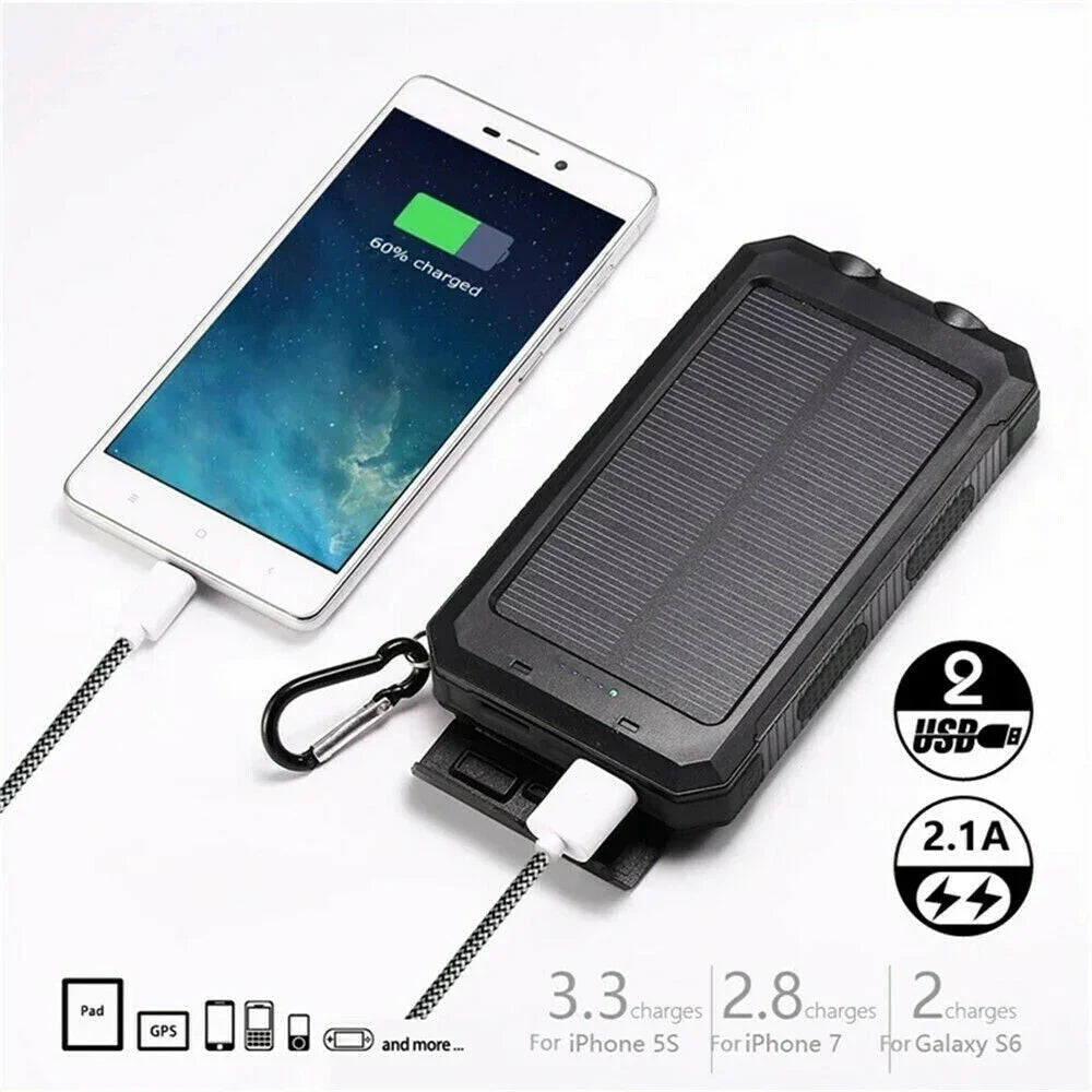 Solar power bank charging smartphone with USB cable, dual USB ports, portable charger