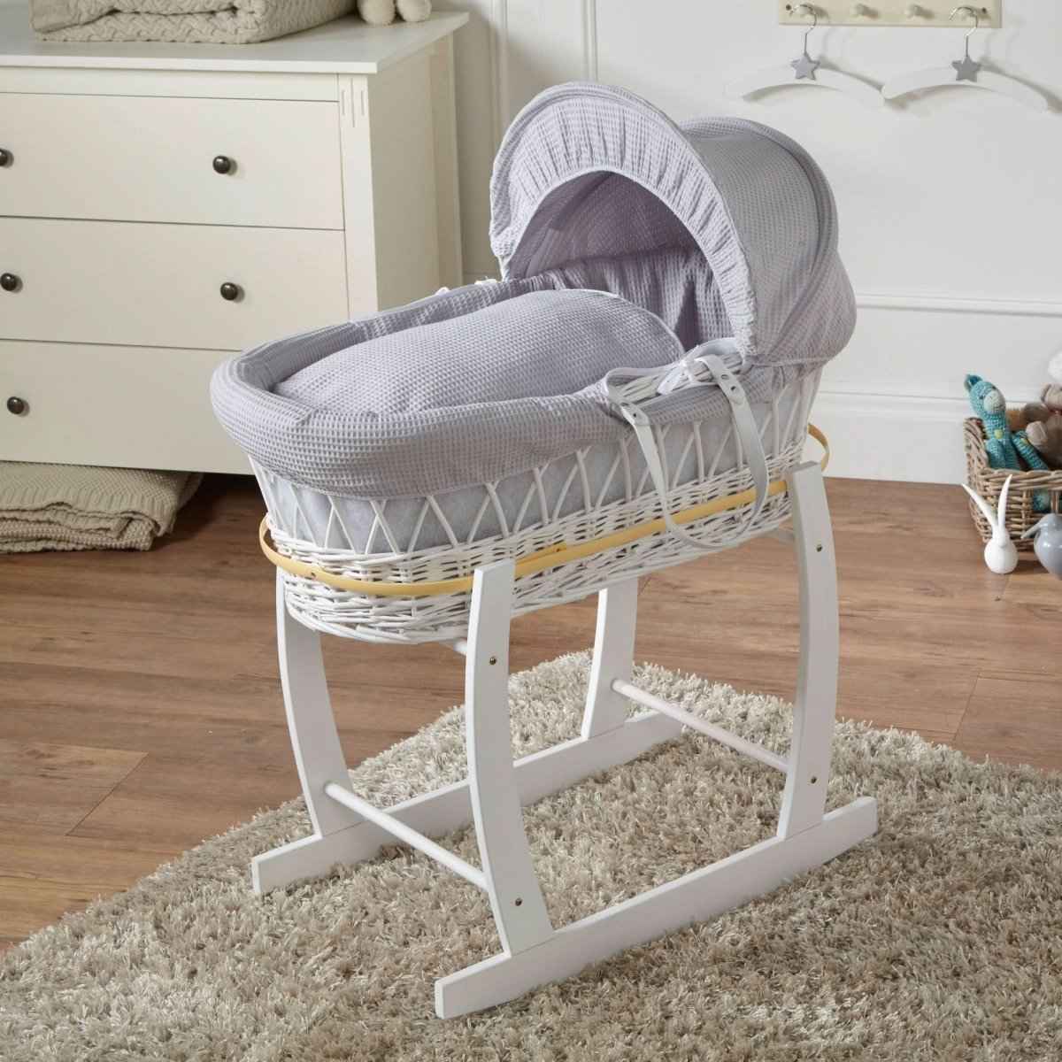 Grey Waffle White Wicker Baby Moses Basket With Stand