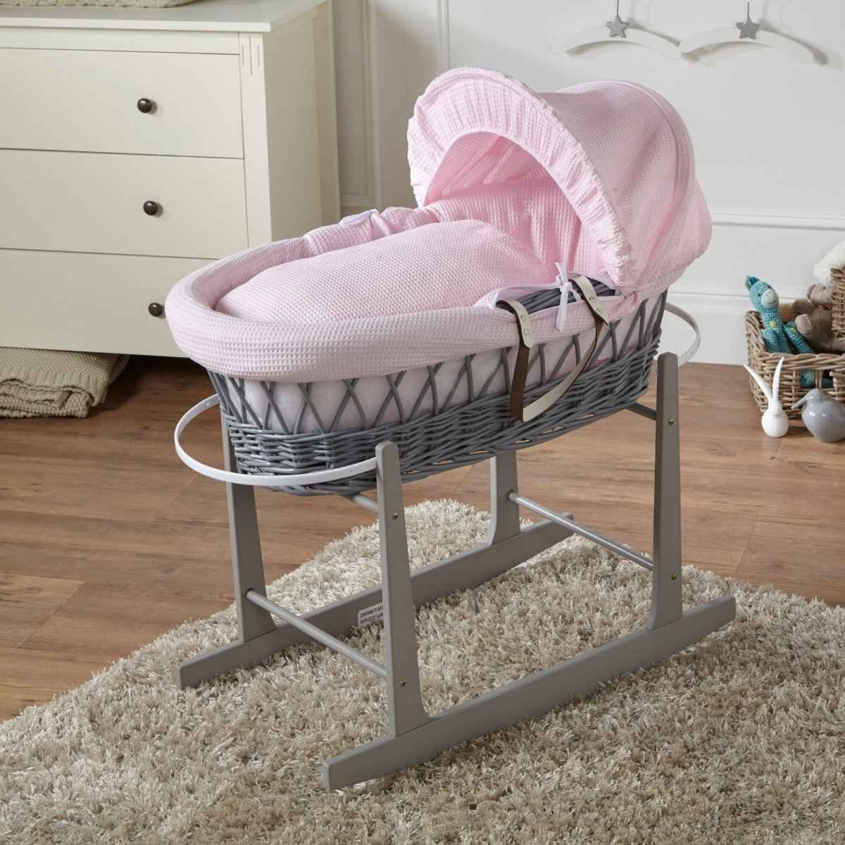 Pink Waffle Grey Wicker Baby Moses Basket With Stand